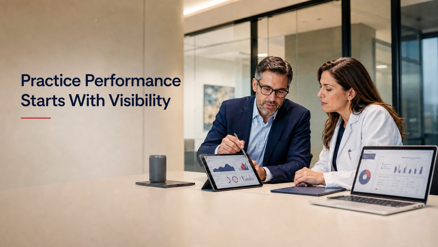 Practice performance consulting conversation with healthcare dashboard visibility